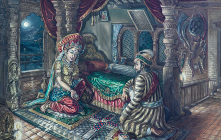 चित्रकार हरिप्रसाद शर्माले बनाएको पेन्टिङ, जसमा राजा जयप्रकाश मल्ल तलेजु भवानीसँग पासा खेल्दै छन्।