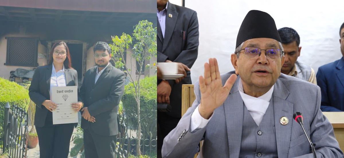 विपना शर्मा र आयुष बडाल (बायाँ) र विघटित प्रतिनिधिसभाका सभामुख देवराज घिमिरे।