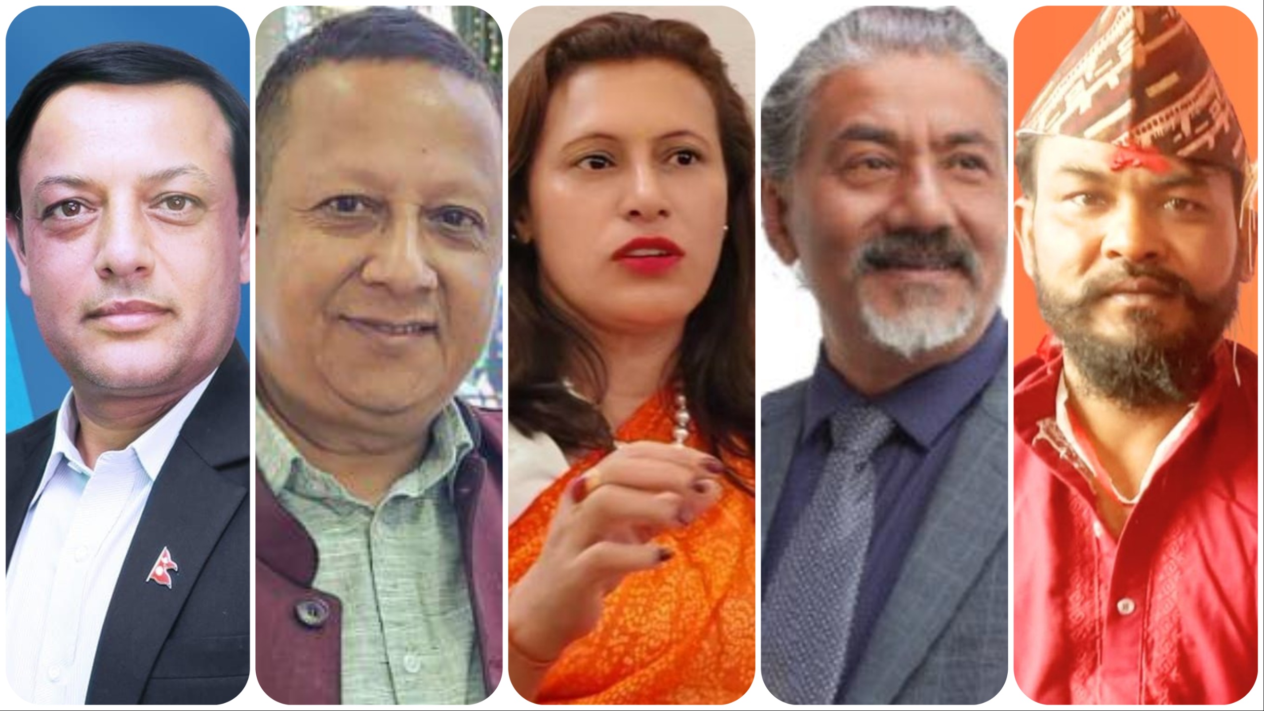 बायाँबाट क्रमश: राष्ट्रिय स्वतन्त्र पार्टीका डिपी अर्याल, नेकपा एमालेका अजयक्रान्ति शाक्य, नेपाली कांग्रेसकी नानुमैया बास्तोला, नेपाली कम्युनिस्ट पार्टीका राधाकृष्ण महर्जन र राप्रपाका दिलकुमार कार्की।