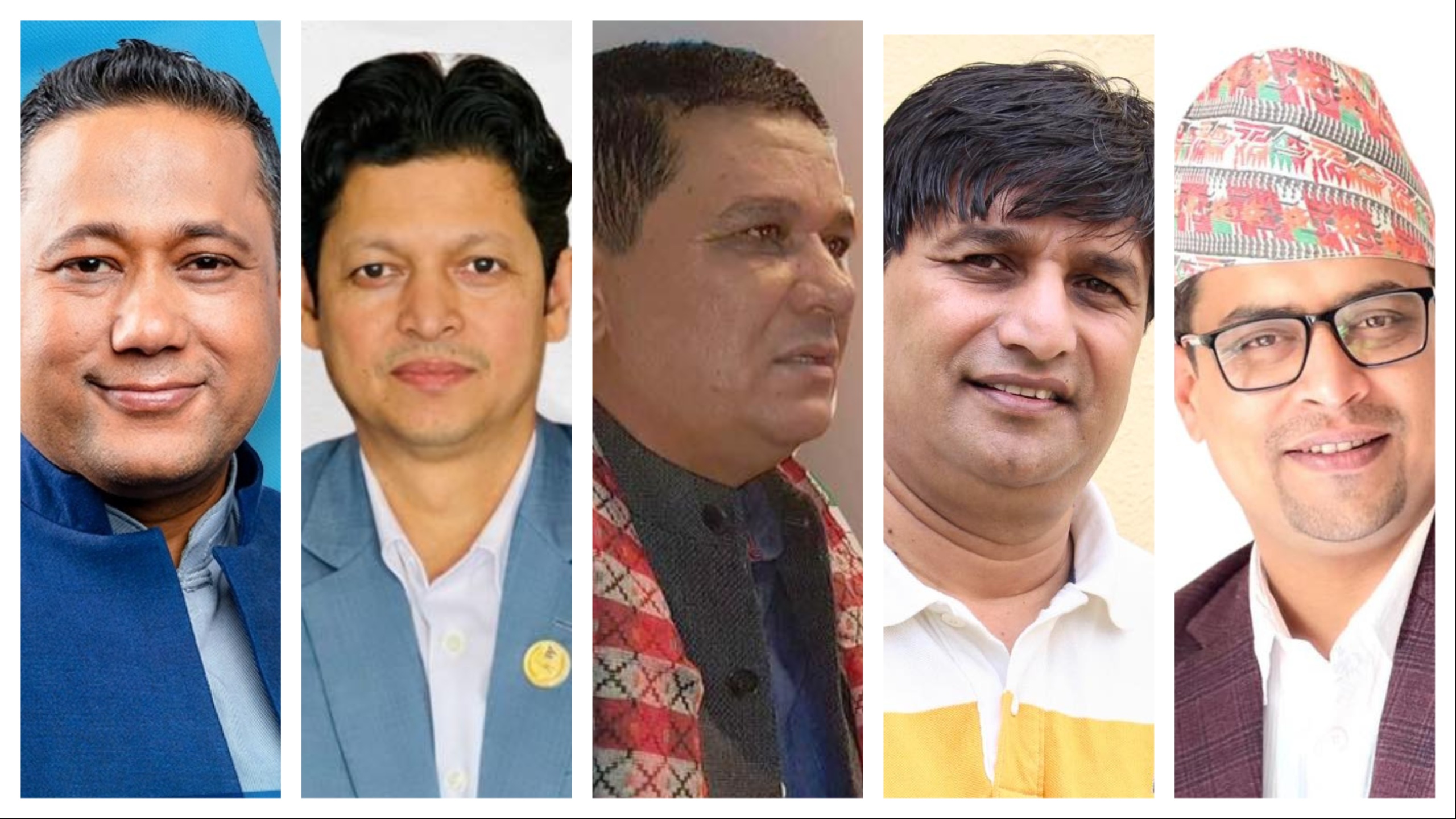 बायाँबाट क्रमशः रास्वपा उम्मेदवार शिशिर खनाल, एमालेका अमन मास्के, नेपाली कांग्रेसका कृष्ण बानियाँ (सबुज), नेकपाका हिमाल शर्मा र राप्रपाका उद्धवराज भेटवाल।