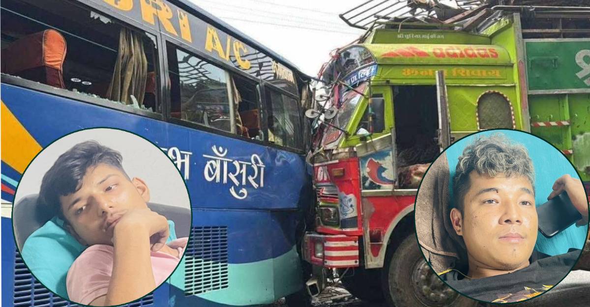 सुरूमा ठोक्किएका ट्रक र बस तथा त्यसका चालक र सहचालक।
