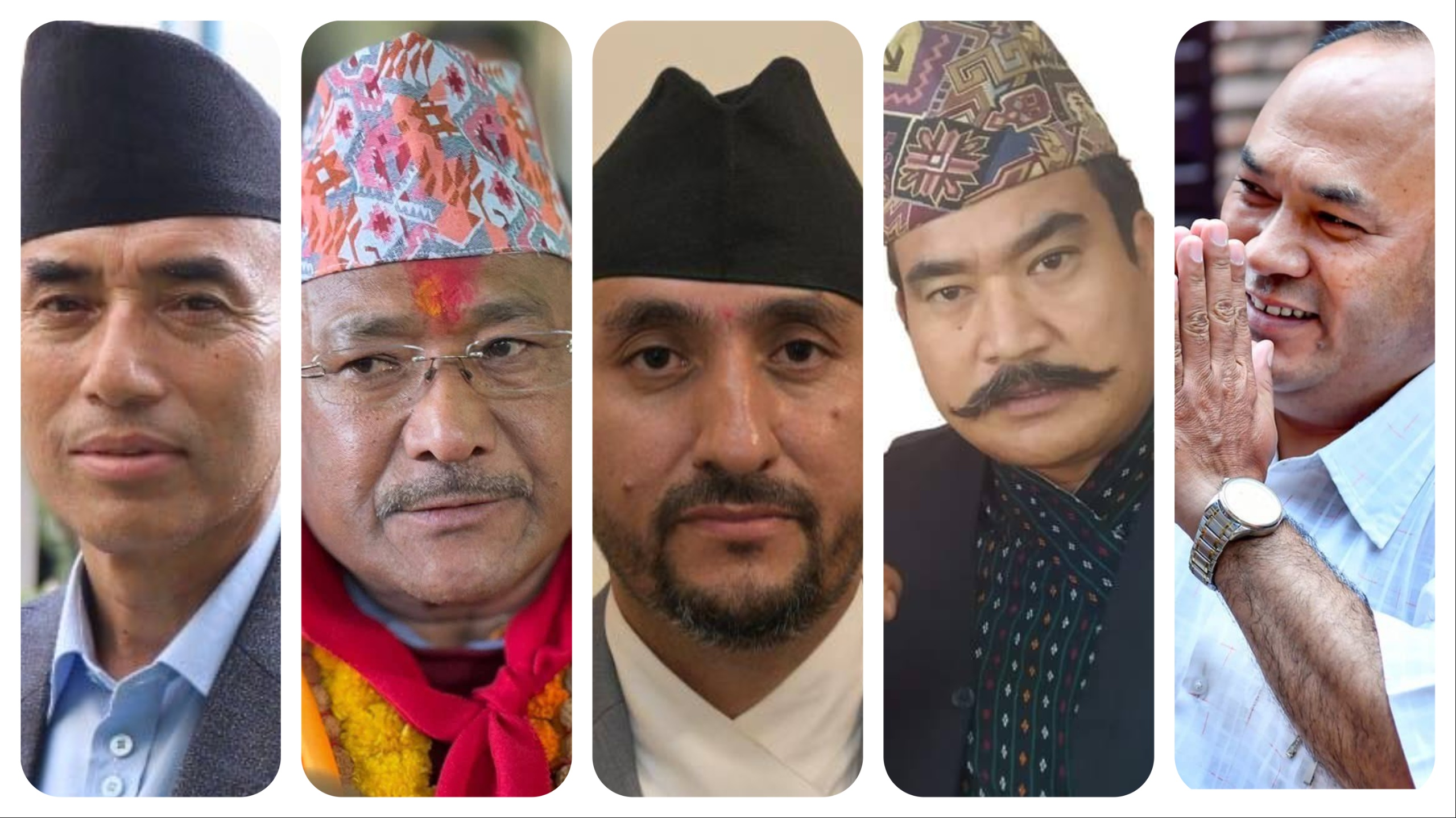 ललितपुर–२ मा एमाले उम्मेदवार प्रेम महर्जन, कांग्रेसका प्रेमकृष्ण महर्जन, रास्वपाका जगदीश खरेल, उनेपाका राजाराम तण्डुकार र नेकपाका राजेन्द्र अमात्य, क्रमशः बायाँबाट।