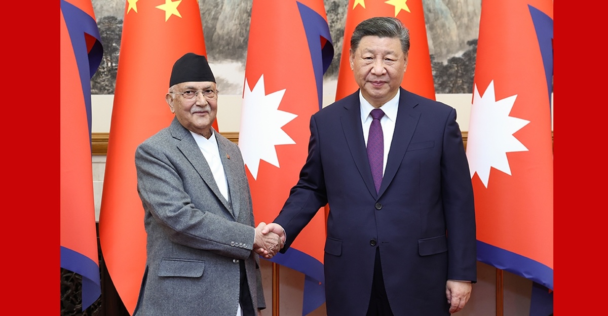 चिनियाँ राष्ट्रपति सी जिनपिङ र प्रधानमन्त्री केपी ओलीबीच सन् २०२४ मा चीनमा भएको भेटघाट क्रममा। तस्बिर स्रोतः सिन्हा