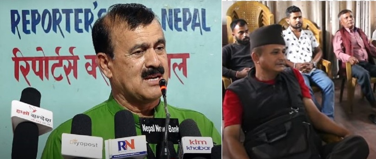 कांग्रेस सहमहामन्त्री महेन्द्र यादव (बायाँ) र उनको भाषण सुनिरहेका श्यामबाबु सापकोटा (दायाँ)