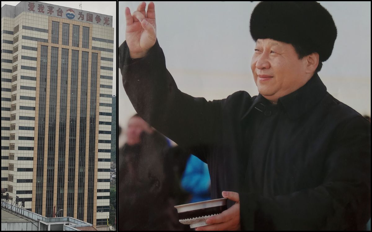 माउथाईको कार्यालय (बायाँ) र एक चिनियाँ पत्रिकाको अग्रपृष्ठमा चिनियाँ राष्ट्रपति सी चिनफिङ मदिरा चढाउँदै गरेको तस्बिर।