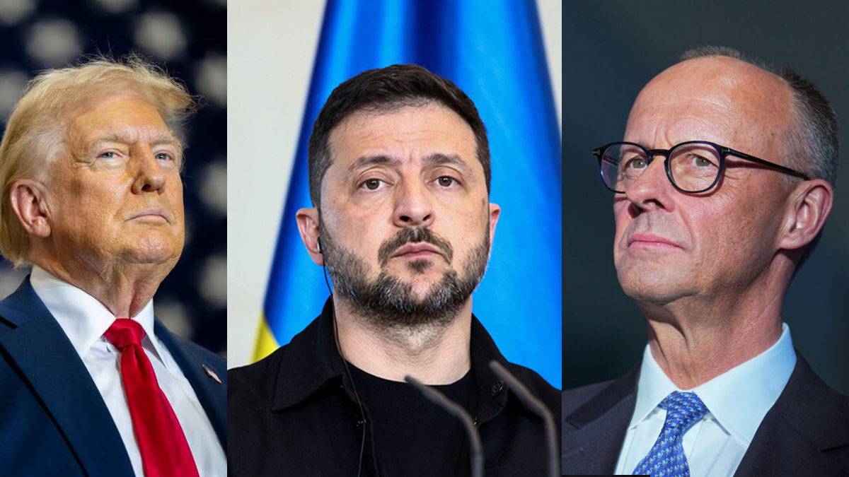 अमेरिकी राष्ट्रपति ट्रम्प, युक्रेनी राष्ट्रपति जेलेन्स्की र जर्मन चान्स्लर मर्ज। फाइल तस्बिर।